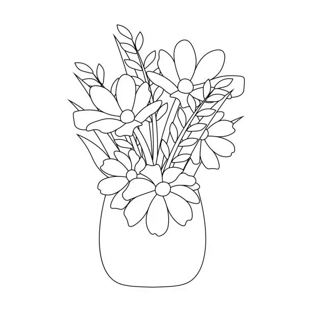Vector illustration of flower pot with line art drawing flower coloring page with leaves