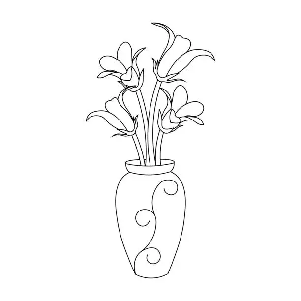 Vector illustration of flower pot with line art drawing flower coloring page with leaves