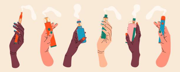 illustrations, cliparts, dessins animés et icônes de mains tenant des vapes, ensemble d’illustrations colorées. cigarettes électroniques et concept de vape. - e cigarette