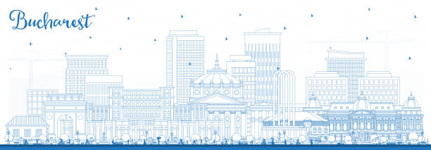 illustrations, cliparts, dessins animés et icônes de contour de bucarest roumanie ligne d’horizon de la ville avec des bâtiments bleus. - romania