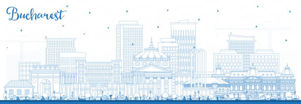 stockillustraties, clipart, cartoons en iconen met outline bucharest romania city skyline with blue buildings. - roemenië