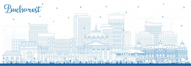 Vector illustration of Outline Bucharest Romania City Skyline with Blue Buildings.