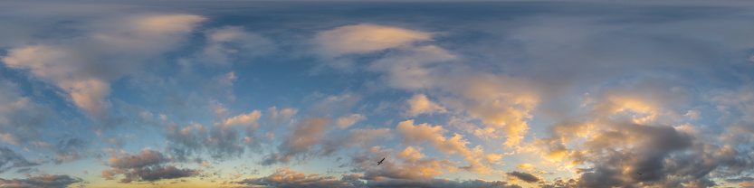 Dark blue sunset sky panorama with pink Cumulus clouds. Seamless hdr 360 pano in spherical equirectangular format. Full zenith for 3D visualization, game, sky replacement for aerial drone panoramas