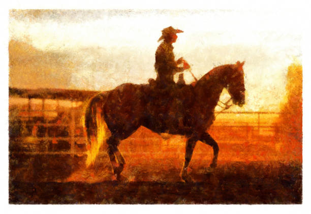 istock Young cowgirl riding at rodeo arena - digital photo manipulation 1413733794