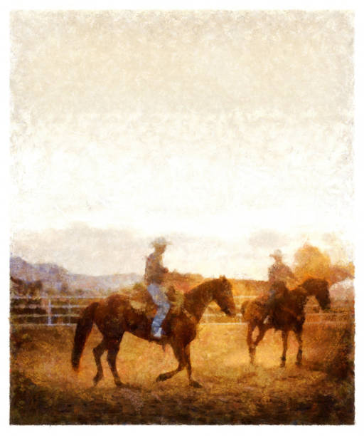로데오 경기장의 카우보이 - 디지털 사진 조작 - illustration and painting animal cowboy horse stock illustrations