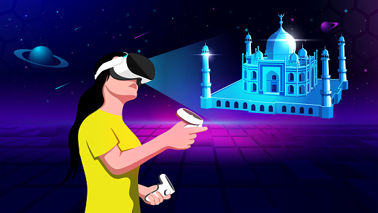 Visualizing and Experimenting 3D model of a Taj Mehal Indian Monument in Virtual Reality-Vector Illustration