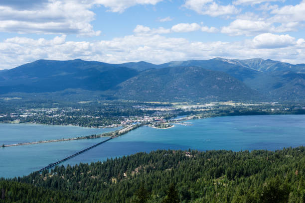 View of Lake Pend Oreille and the town of Sandpoint, Idaho, from the top of the mountain stock photo