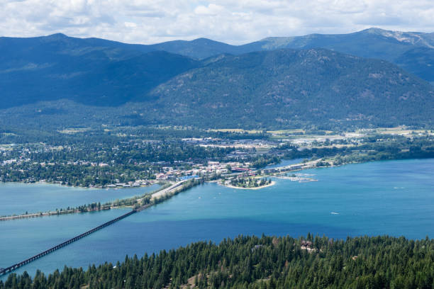 View of Lake Pend Oreille and the town of Sandpoint, Idaho, from the top of the mountain stock photo