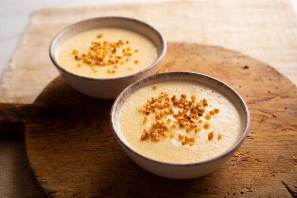 istock Custard with milk cream and almond crocant. 1413740234
