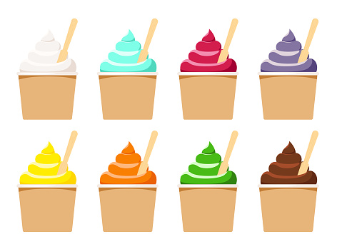 Soft ice cream in eco cup and popsicle stick set isolated on white background. Eco paper cup with frozen yogurt or vanilla, choco, green tea swirl sundae. Flat cartoon vector clip art illustration.