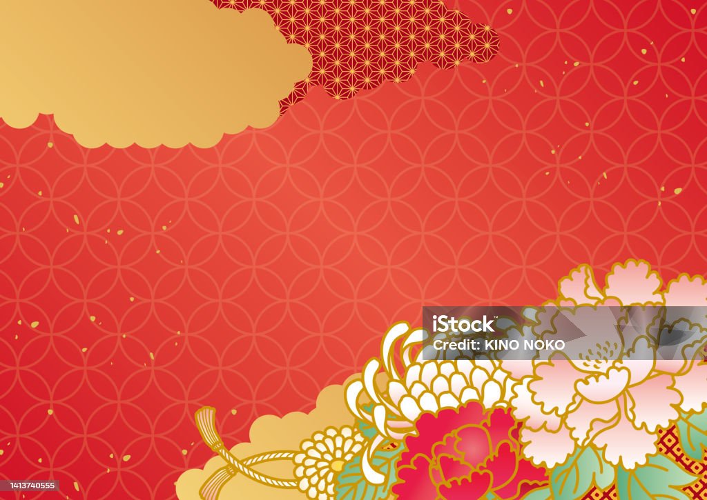 Red Japanese Pattern Background With Peony And Chrysanthemum Stock ...