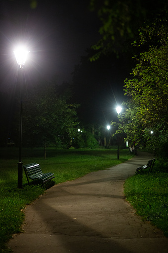 Bench. Park. Night. Lanterns. No people. Krakow. Poland