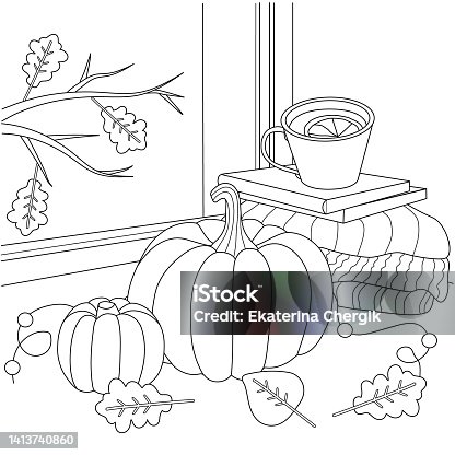 istock Fall coloring page with pumpkin tea on window. Illustration of autumn season. Mug on books. 1413740860