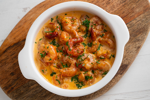 Tapa de gambas al ajillo. Prawns cooked with olive oil, garlic and hot pepper. Typical Spanish tapas.