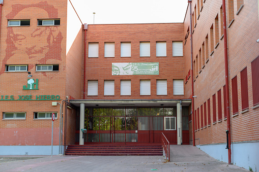 Getafe, Madrid, Spain, July 16, 2022: Jose Hierro high school building, named after a Spanish poet