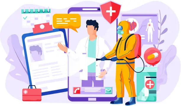 Vector illustration of Man in a protective suit disinfects the room or office. Doctor on mobile phone screen, medical app