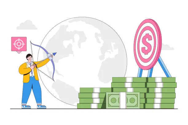 Vector illustration of Financial target goal, wealth management and investment plan, strategy achievement, aiming income or pay increase concept. Businessman shooting with bow and arrow focus to bullseye with dollar symbol
