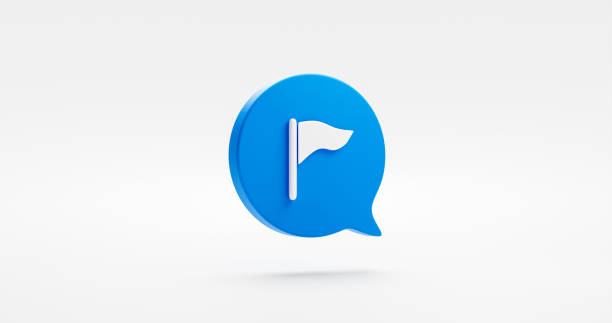 Location flag icon isolated on white 3d background with blue message bubble goal sign destination place or travel gps marker pointer direction symbol and simple map pin website navigation distance.