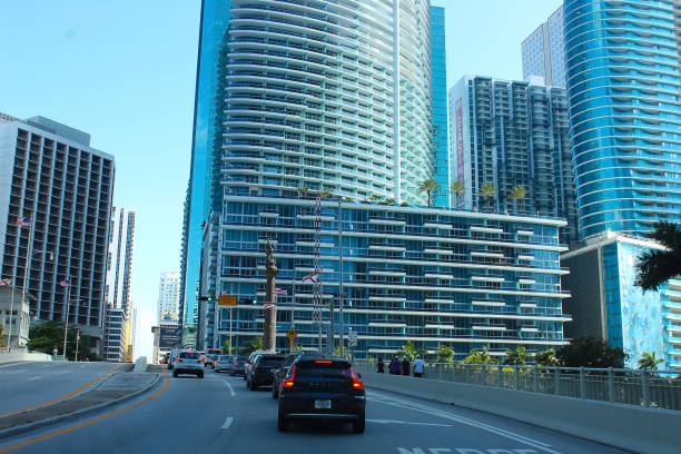Miami, Florida USA - April 23, 2022: Downtown skyline cityscape near Brickell avenue