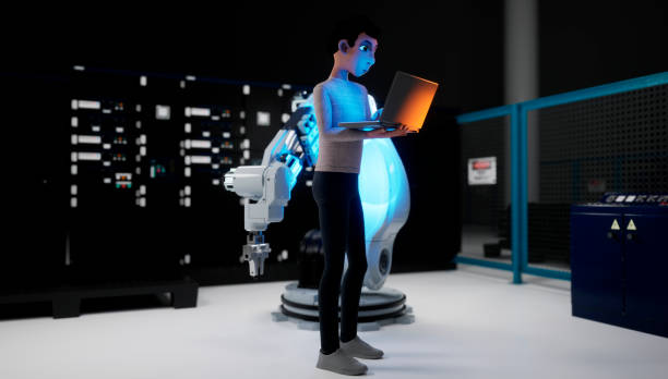 istock Stylized male character with laptop adjusts industrial robot 1413744382