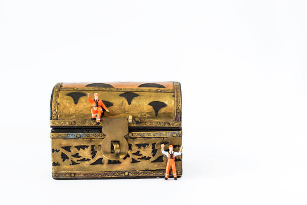 Open Vintage Wooden Storage Box With Chakra Stones Inside Isolated on White
