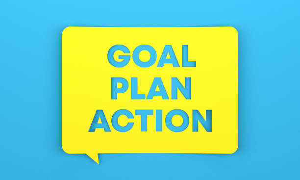 istock Yellow speech bubble with Goal Plan Action lettering on blue background 1413745213