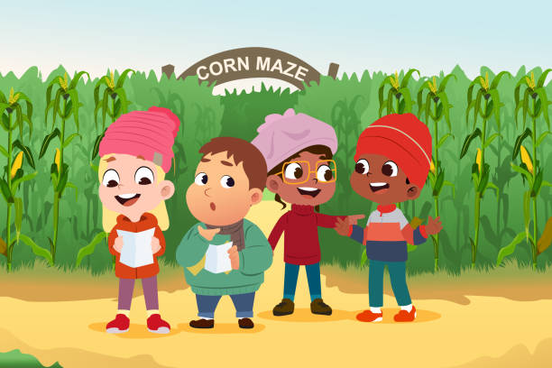 Children Reading Map in a Corn Maze During Fall Season Vector Illustration vector art illustration