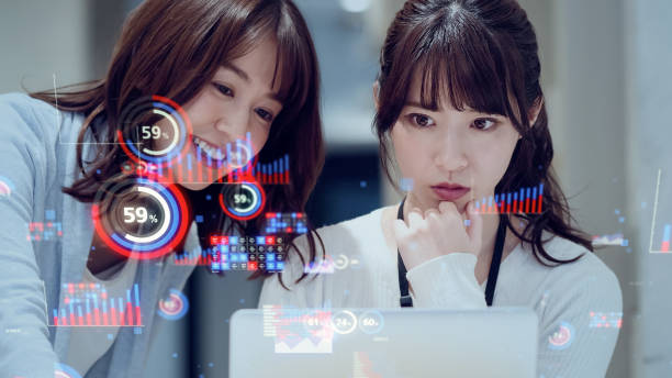 Group of woman watching charts. Statistics of business concept. Marketing. Analysis. stock photo