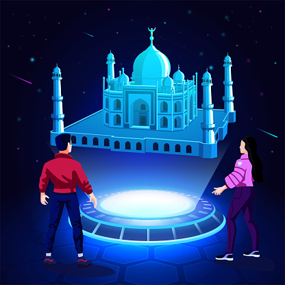 Visualizing and Experiencing 3D model of a Taj Mehal Indian Monument as a Hologram-Vector Illustration