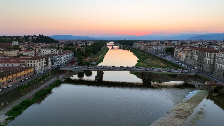 DroneItaly_Aerial view of Ponte Vecchio, Firenze. Zenital view of Ponte Vecchio without people, Firenze.