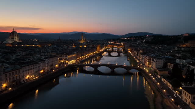 Aerial drone Sunrise scene view of Firenze old town and Piazza del Duomo in Florence, Italy. Duomo di Santa Maria del Fiore, the famous Cathedral of Florence