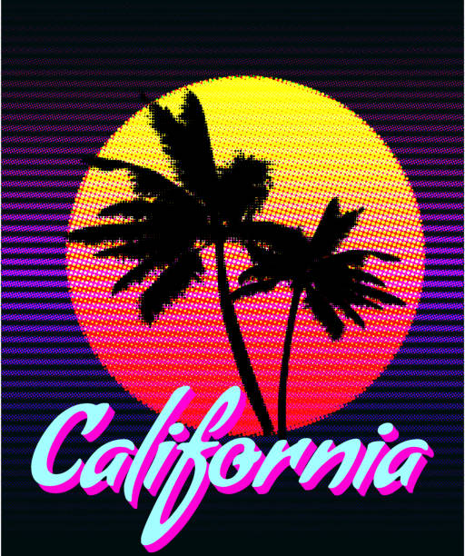 ilustraciones, imágenes clip art, dibujos animados e iconos de stock de diseño de estampado de puesta de sol de tipografía de camiseta de california. póster retro de siluetas de palmeras - letter t tree typescript alphabet