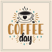 istock International coffee day. Hand drawn vector logotype with lettering and cappuccino with background. 1413751331