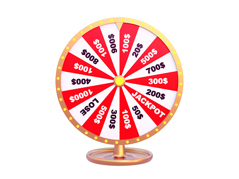 3D spinning fortune wheel gold color on white isolated background. Realistic 3d lucky roulette. Gambling concept design. Online casino. 3d rendering illustration.