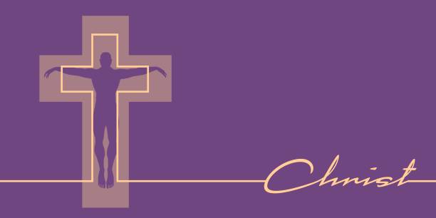 istock Christianity concept illustration. Cross with human silhouette and Christ word 1413751451
