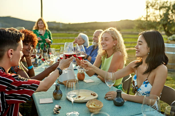 Vacationers raising glasses for celebratory toast at tasting stock photo