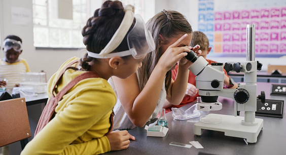 Young, science students learning together with a microscope in a school lab. A group of children collecting data for a teamwork research project. Intelligent kid scientists studying in a laboratory.