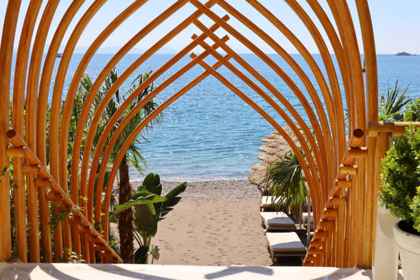 istock View through the wooden arch to empty sea beach 1413753343