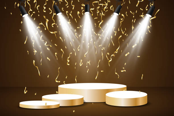 istock Golden podium with a spotlight on a dark background, falling golden confetti, first place, fame and popularity. Vector illustration. 1413754245