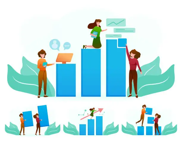 Vector illustration of rowth graph chart of stock market investment trading by coporate team