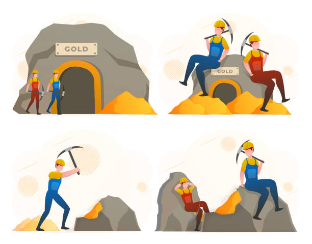 illustrazioni stock, clip art, cartoni animati e icone di tendenza di gold mining worker miner labor people. estrazione mineraria di minerali nella miniera e in superficie - picking up safety working men