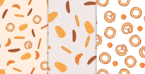 Vector illustration of Set of Bakery seamless pattern with cartoon bun and pretzel for wrapping paper