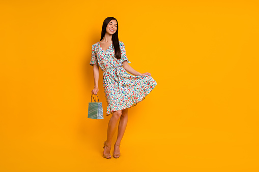 Full size portrait of pretty cheerful young girl hand hold bag dress isolated on yellow color background,