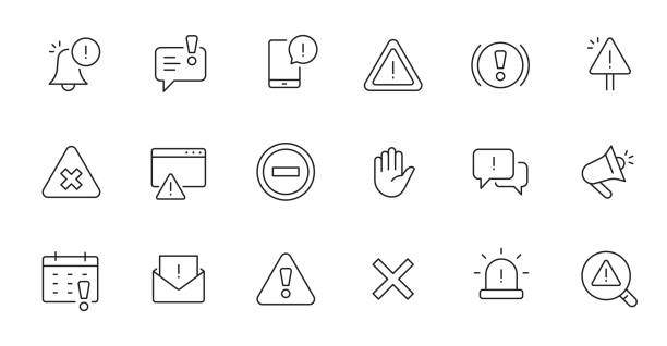 warnung, symbol für risikozeichenzeile gesetzt. vorsicht, warnung, ausrufezeichen dünnes bearbeitbares linienstrichsymbol. alarminformationen, unfallbenachrichtigung - sign oops error message failure stock-grafiken, -clipart, -cartoons und -symbole