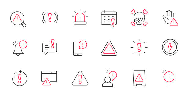 illustrations, cliparts, dessins animés et icônes de alerte, jeu d’icônes de ligne de signe de risque. attention, avertissement, point d’exclamation icône de contour de ligne modifiable mince. informations d’alerte, notification d’accident - urgent