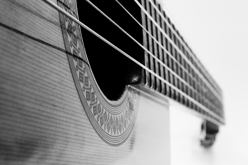 classical guitar strings and frets on white and black background