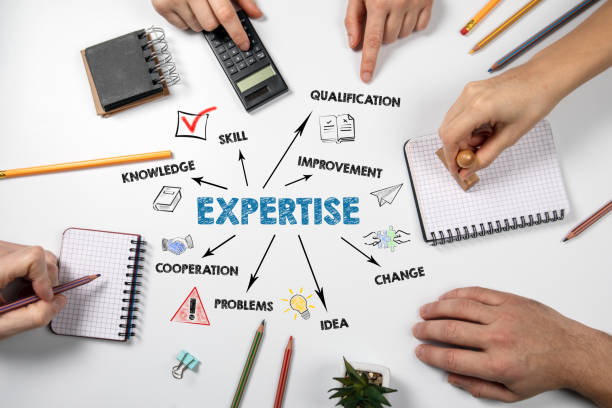 EXPERTISE. Knowledge, Qualification, Idea and Cooperation concept. Chart with keywords and icons stock photo