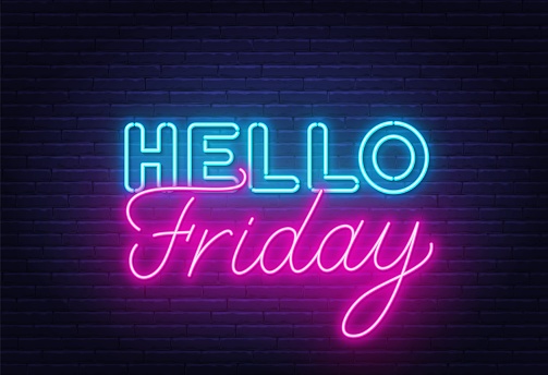 Hello Friday neon lettering on brick wall background.