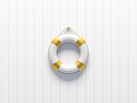 White life buoy with golden elements on a wooden wall. Luxury accessories without a brand on a white background. Minimal layout concept. 3d render