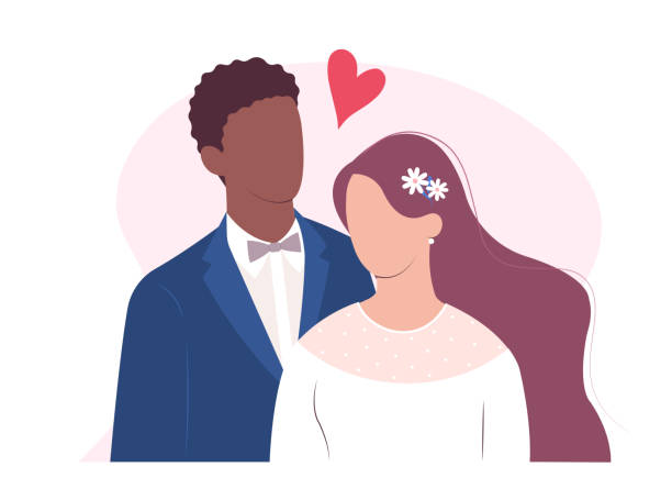 Beautiful young bride and groom, interracial wedding couple. African american groom and caucasian bride. Beautiful young bride and groom, interracial wedding couple. African american groom and caucasian bride. Vector illustration. african bride and groom stock illustrations